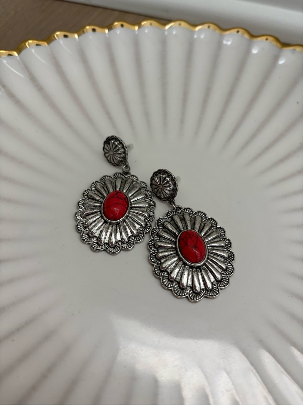 Silver Metal Drop Earrings with Red Stone - Jewelry